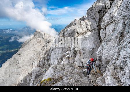 Bergsteiger auf einem schmalen Felsweg, Watzmann überquert die Watzmann Mittelspitze, Nationalpark Berchtesgaden, Berchtesgaden Alpen Stockfoto