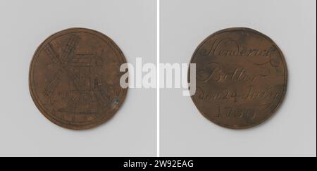 Korenmolenaarsgilde van Amsterdam, Gildepenning van Henderick Bitter, Anonym, 1760 Medaille Kupfermedaille. Vorderseite: Mehlmühle. Rückseite: Inschrift Amsterdam Kupfer (Metall) Gravur Amsterdam Stockfoto