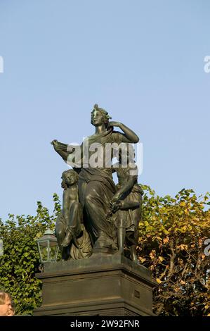 Brühls Terrasse ist ein architektonisches Ensemble und eine Touristenattraktion in Dresden. Auf den Stufen sind die Figurengruppen morgens, mittags, abends und Stockfoto