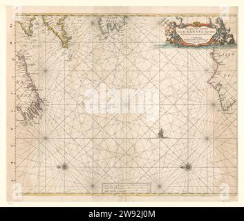 Seekarte des westlichen Teils des Kanals, Hendrick Doncker (I), 1661 Print Seekarte wie man sich dem Kanal nähert, der von Westen kommt. Zwei Kompassrosen auf dem Meer; der Norden befindet sich auf der linken Seite. Oben rechts eine Kartusche mit dem Titel. Die Kartusche ist mit Meeresbewohnern dekoriert, der Meeresgott auf der linken Seite hat einen Jakobsstab in der Hand. Unten auf drei Skalenstäben mit deutschen, spanischen und englischen oder französischen Meilen. Eine neue Größenteilung wurde von Hand mit Tinte auf den linken Rand der Karte aufgetragen. Verlag: Amsterdamprint Maker: Niederlande Papierstich Jacob's Staff (Vermessungsinstrument). ma Stockfoto