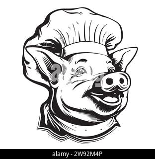 Lächelnde Porky Pig Logo-Zeichentrickfigur. Happy Pig Chef Cartoon. Vektor-Logo-Illustration. Stock Vektor