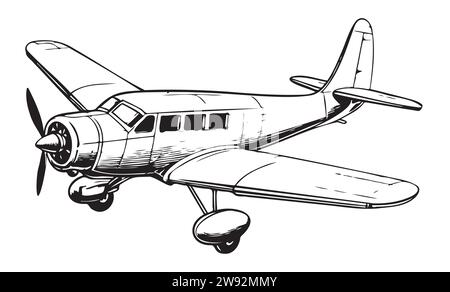 Handgezeichnetes Retro-Flugzeug. Realistisches Vintage-Flugzeug isoliert. Vektorillustration mit Gravur. Vorlage für Ihre Konstruktion funktioniert. Stock Vektor