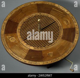 Das Gehäuse des Planetariums, Tellurium, Lunarium, Hartog van Laun, ca. 1800 - ca. 1808 Gerät, mit dem die Bewegung von Sonne, Erde, Mond und Planeten sichtbar dargestellt werden kann. Das Fahrgestell ist ein Tisch auf vier kurzen Beinen mit einem Messingrahmen unter der Tischplatte, der über eine Stange hinausragt, auf die eine Kurbel (-4) geschoben werden kann. Die Tischplatte enthält Namen und Symbole der Sternbilder und der zwölf Monate. Zentrieren Sie ein Stativ mit mehreren Schritten. Dazu gehört auch die Sonne (eine goldene Kugel: -5). Amsterdam Messing (Legierung). elfenbein. palisander (Holz). Mahagoni (Holz). Padouk (Holz). ebenholz (Holz). Ahorn (Holz). Eiche (W Stockfoto