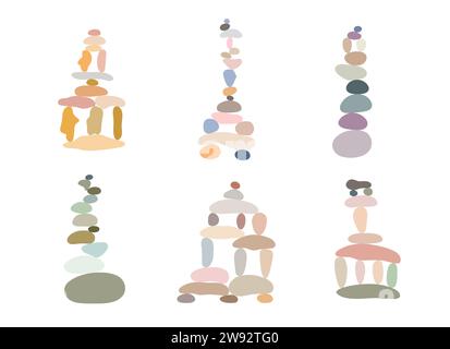 Zen Stone cairns in einfacher abstrakter Doodle-Style-Vektordarstellung, Relax, Meditation Yoga-Konzept, Bo-Farbstein-Pyramide für Banner, Stock Vektor