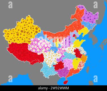 Karte von China mit allen Provinzen, Blumenmuster, Grafik, atlas, Symbol für grüne Umweltpolitik, Umweltschutz, saubere Energie, sauber Stockfoto