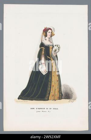 Ehrenfrau des 16. Jahrhunderts (unter Henri II.), Elias Spanier, nach l & g, 1840–1850 Frau in historischer Tracht einer Hofdame am Hof Heinrichs II., 16. Jahrhundert. Präsentation zum Blech hinzugefügt über die kostümierte Kugel, die am 26. Februar 1845 im Palast des Prinzen von Orange (des späteren Königs Wilhelm III.) in den Haag gehalten wurde. Printmacher: Das HagueAfter Zeichnung von: Niederlande Papier historisches Kostüm Stockfoto