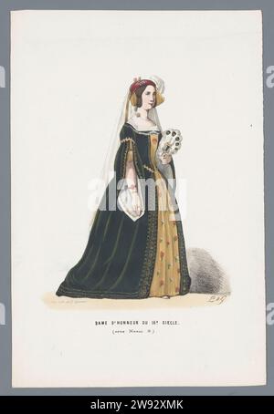 Ehrenfrau des 16. Jahrhunderts (unter Henri II.), Elias Spanier, nach l & g, 1840–1850 Frau in historischer Tracht einer Hofdame am Hof Heinrichs II., 16. Jahrhundert. Präsentation zum Blech hinzugefügt über die kostümierte Kugel, die am 26. Februar 1845 im Palast des Prinzen von Orange (des späteren Königs Wilhelm III.) in den Haag gehalten wurde. Printmacher: Das HagueAfter Zeichnung von: Niederlande Papier historisches Kostüm Stockfoto