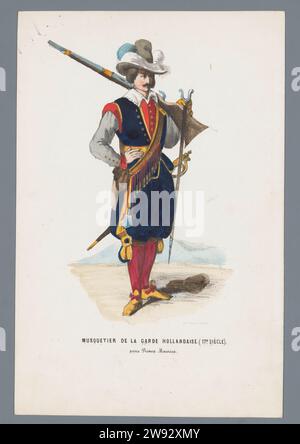 Musquetier der niederländischen Garde (17. Jahrhundert). Unter Prinz Maurice, Elias Spanier, 1840–1850 Mann in historischer Tracht eines Musketiers aus der niederländischen Garde unter Prinz Maurits, 17. Jahrhundert. Präsentation zum Blech hinzugefügt über die kostümierte Kugel, die am 26. Februar 1845 im Palast des Prinzen von Orange (des späteren Königs Wilhelm III.) in den Haag gehalten wurde. Das historische Kostüm der Haager Zeitung. Feuerwaffen (mit NAMEN) Stockfoto