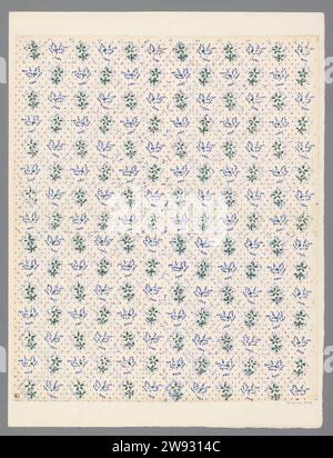 Blatt mit Spreizmuster alternierender Blumenmuster, anonym, 1800 - 1900 Blatt mit Spreizmuster alternierender Blumenmuster umgeben von Punkten. Papier. Blockdruck-(Reliefdruck-) Ornamente aus Pflanzenformen Stockfoto