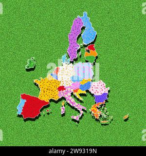 Karte der Europäischen Union, der EU, der Mitgliedstaaten, der Länder mit verschiedenen Blumen. Atlas, Grafik, Symbol für grüne Umweltpolitik, umwelt Stockfoto