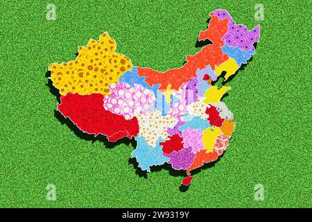 Karte von China mit allen Provinzen, Blumenmuster, Grafik, atlas, Symbol für grüne Umweltpolitik, Umweltschutz, saubere Energie, sauber Stockfoto