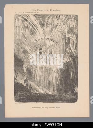 Félix Faure te St. Petersburg, Marius Bauer, 1897 Cartoon über die Allianz zwischen Frankreich und Russland. Das Feuerwerk in den Luftporträts des französischen Präsidenten Félix Faure und des russischen Zaren Nicolaas II Veröffentlicht in Ergänzung zu „de Kroniek“ vom 4. Juli 1897. Druckerei: Netherlandsprinter: AmsterdamVerlag: Amsterdam Papier politische Karikaturen und Satiren. Lagerfeuer, Feuerwerk Frankreich. Russland Stockfoto