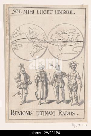 Allegorisches Emblem beim Frieden von Rijswijk, 1697, Anonym, 1697 Emblem mit Karten der beiden Halbrunden der Welt zeichnen. Darunter vier Figuren, die die vier Kontinente symbolisieren: Europa, Asien, Afrika und Amerika. Inschrift: Sol Mihi Lucet Ubique / Benigis Utinam Radiis. Entwurf für eine Dekoration bei der Feier des Friedens von Rijswijk im Jahr 1697. Papierfestlichkeiten in den nördlichen Niederlanden zu Veranstaltungen von nationaler Bedeutung (+ festliche Dekoration  festliche Aktivitäten). Karte der Welt. Kontinente wurden allegorisch dargestellt Stockfoto