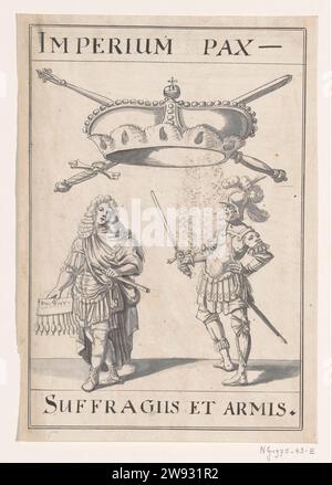 Allegorisches Emblem beim Frieden von Rijswijk, 1697, Anonym, 1697 Emblem mit zwei Männern unter einer Krone mit gekreuztem Zepter und Schwert zeichnen. Inschrift: Imperium pax / suffragiis et armis. Entwurf für eine Dekoration bei der Feier des Friedens von Rijswijk im Jahr 1697. Papier aus den nördlichen Niederlanden. Tuschstift-/Pinselfestlichkeiten auf Veranstaltungen von nationaler Bedeutung (+ festliche Dekoration  festliche Aktivitäten). Symbole, Allegorien des Friedens, „Pax“; „Tempo“ (Ripa) Stockfoto