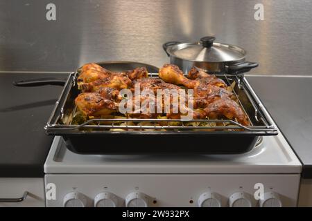 Hühnerstücke auf einem Metallgitter mit einem Backblech Gemüse wie Kartoffeln, Zucchini, Paprika, Zwiebeln, Brokkoli Stockfoto