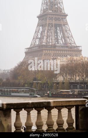 Der Eiffelturm und die seine unter dem Nebel der Bir Hakeim Brücke in Paris - Frankreich Stockfoto