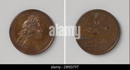 Sieg der Spanier in der Straße von Messina, Jean Mauger, 1675–1699 Geschichtsmedaille Bronzemedaille. Vorne: Bruststück Mann innen Wechsel. Umgekehrt: Sieg mit Korenaren und Lauwerkrans, die über die Stadt fliegen, in der Bucht mit Schiffen im Inneren. Paris Bronze (Metall) auffällig (Metallbearbeitung) Messina. Sizilien Stockfoto