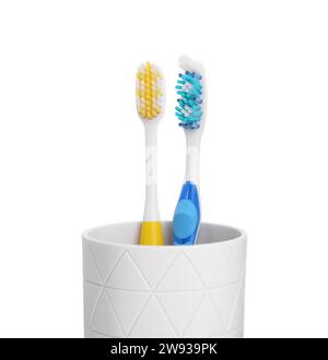 Zwei Kunststoffzahnbürsten im Halter isoliert auf weiß Stockfoto