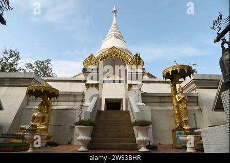 Weiße Pagode auf der Spitze des Berges im Wat Phra That Pha Ngao Tempel. Befindet sich in der Provinz Chiang Rai in Thailand. Stockfoto