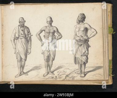 Zwei singhalesische Soldaten und in Labor's, Esaias Boursss, 1662 Männer posieren auf unebenem Gelände draußen. Der linke Mann trägt einen Knie-Teppich (Veshti, Lungi), unordentlich in der Taille mit einem Taillenbund gebunden; eine offene kurze Jacke mit Knöpfen und langen Ärmeln (Hettaya) und darunter ein portugiesisches Hemd (Kamisaya) mit weitem Hals. Auf seiner linken Seite hängt eine kurze Unebenheit in einer Scheide, erkennbar als javanischer oder malaiischer Dolch (Kris); die Holländer haben offenbar auch Mitglieder ihrer Miettruppen auf Ceylon solche Waffen geliefert. Auf dem Kopf trägt er einen hohen Hut mit einer brutalen Kante. Der Mann Stockfoto