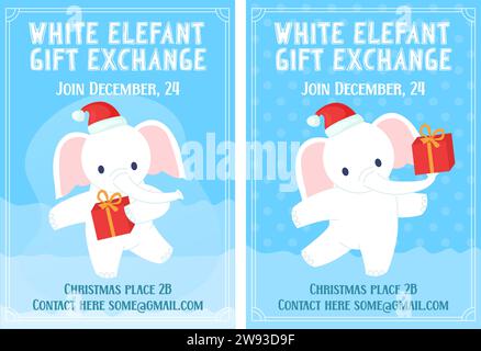 Weißer Elefant Geschenkaustausch Weihnachtsspiel Party Einladungsset. Zeichentrickfigur mit Geschenk auf blauem Hintergrund. Stock Vektor