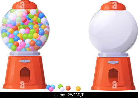 Gummiballmaschine voller Gummibonbons. Automatenkonzept. Vektorillustration im realistischen Zeichentrickstil isoliert auf weiß. Stock Vektor