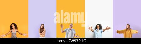 Gruppe von Menschen mit offenen Armen und junge Frau, die sich auf farbigem Hintergrund umarmen Stockfoto