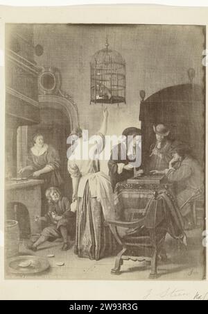 Fotoproduktion des Gemäldes de Papegaaieken van Jan Steen, Anonym, nach Jan Havicksz. Steen, 1867 - 1880 Foto Amsterdampublisher: Paris Paper. Ziervögel aus Pappe mit Albumendruck: Papagei Rijksmuseum Amsterdam Stockfoto