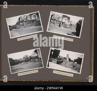 Kriegsschaden in Middelburg, Fotoalbum-Magazin 1940 mit vier Fotos von Kriegsregalen in Middelburg nach dem deutschen Bombenanschlag am 17. Mai 1940. Unter den Fotos schneiden Sie Papier mit eingetippten Inschriften aus. Teil des ersten Fotoalbums mit Fotos der beiden Radtouren von Vater und Sohn durch die Niederlande im September 1939 und Juli 1940 und einer Autofahrt mit der Familie durch die Niederlande, Belgien und Luxemburg im Juni 1949. Middelburger Papier. Fotografischer Support Gelatine Silberdruck Ausflug, Vergnügungsreise. Fahrrad. Vater mit Sohn(en) (Vater-Liebe). Verwüstet, ruiniert Ort oder Stadt ( Krieg) Stockfoto