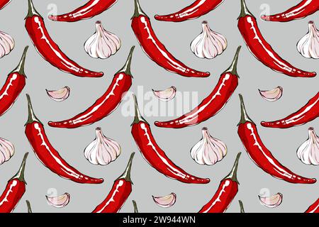Nahtloses Lebensmittelmuster mit aromatischen roten Paprika und Knoblauch. Nahtloser Lebensmittelhintergrund für Textilien, Verpackungen und Restaurantkarten. Handgezeichnetes Illustrat Stockfoto