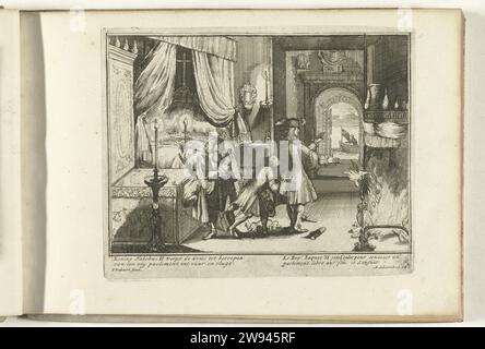 Jacobus II. Wirft die Vorschläge für ein freies parlament in Feuer und Flug, 1688, 1689 Druck der englische König Jacobus II. Wirft die Vorschläge für ein freies parlament in Feuer und Flug, 20. Dezember 1688. Platte J in der Serie „Engelants Schouwtoneel“ über die glorreiche Revolution und Ereignisse aus den Vorjahren 1685-1689 (erster Teil). Mit Untertiteln in Niederländisch und Französisch. Amsterdamer Papierätzung Flucht des Herrschers vor dem Widersacher Stockfoto