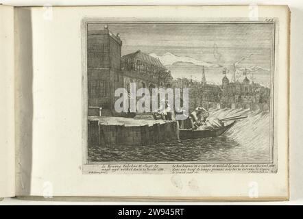 Flug von König Jacobus II., 1688, 1689 Drucken der Flug von König Jacobus II. Bei Nacht aus dem Palast von Whitehall London, 20. Dezember 1688. Owing wird in ein Ruderboot geladen. Oben rechts nummeriert: 143. Platte K in der Serie „Engelants Schouwtoneel“ über die glorreiche Revolution und Ereignisse aus den Vorjahren 1685-1689 (erster Teil). Mit Untertiteln in Niederländisch und Französisch. Amsterdam Papierätzung Flucht des Herrschers aus dem Palast des Widersachers Whitehall (London) Stockfoto