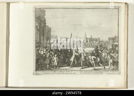König Jakobus II. Begrüßt von Ludwig XIV., 1689, 1689 Drucken der englische Flüchtlingskönig Jakobus II. Wird von König Ludwig XIV. Auf der Burg Château de Saint-Germain-en-Laye am 5. Januar 1689 begrüßt. Platte P in der Serie 'Engelants Schouwtoneel' über die glorreiche Revolution und Ereignisse der Vorjahre 1685-1689 (erster Teil). Mit Untertiteln in Niederländisch und Französisch. Amsterdam Papierätzung willkommen  Reise Château de Saint-Germain-en-Laye Stockfoto