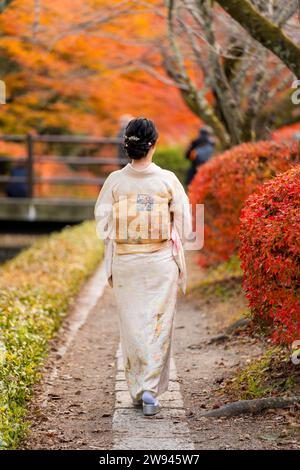 Japanische Kimono-Frauen Porträtfotografie. Ahornblätter färben sich im Herbst auf dem Kyoto Philosopher's Path (Tetsugaku No Michi) rot. Stockfoto