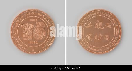400 Jahre Handelsbeziehungen Nederland-Japan, 2009 Medaille Copper Penning, Nachbildung einer Medaille aus dem Jahr 1862 anlässlich des Besuchs einer japanischen Delegation in der niederländischen Währung, getroffen am 25. August 2009 anlässlich 400 Jahre Handelsbeziehungen zwischen den Niederlanden und Japan. Eine Begleitschachtel mit schwarzem Lederbezug und Einlage, in der auch eine Kopie einer japanischen fünf verprügelt wurde, die anlässlich 400 Jahre Handelsbeziehungen zwischen den Niederlanden und Japan geschlagen wurde. Utrecht-Stiftungen: Kupfer (Metall). Omhulsel: Perspex (TM) auffällig (Metallbearbeitung) Niederlande. Japan Stockfoto