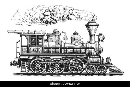 Handgezeichnete Retro-Dampflokomotive, Illustration im Stile der Gravur. Vintage-Transportskizze Stockfoto