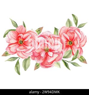 Blumenarrangements in Aquarellfarben. Handgezeichneter rosa Pfingstrosen Blumenstrauß mit grünen Blättern zur Einladung, Etikett, Logo-Design, Clip-Art zur Dekoration. Stockfoto
