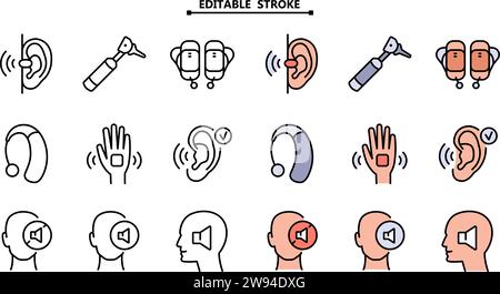 Symbole für Hörgeräte eingestellt. Bearbeitbare Kontur. Volumenverstärker für Ohren, für gehörlose Alte und Jung. Auditiv suchen. Für ein besseres Hören, Farbsymbole Stock Vektor