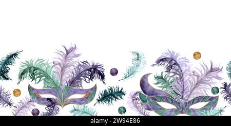 Handgezeichnete Mardi Gras Karnevalssymbole in Aquarellen. Theater Maskerade Zirkusmaske Federn Perlen, Gold lila grün. Nahtloses Banner isoliert auf weiß Stockfoto