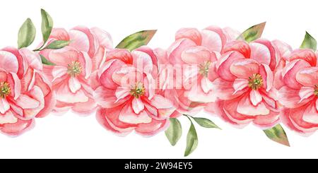 Aquarellbanner mit hellrosa Pfingstrose. Handgezeichnete Blumen mit grünen Blättern, Blumenbanner für Grußkarte, Hochzeit, Einladungsdekoration Stockfoto