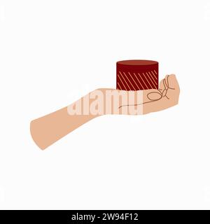 Ein Geschenk geben. Hand mit Geschenkbox Design für Banner, Web. Er hat eine kleine rote Geschenkbox in der Hand. Vektorabbildung... Stock Vektor