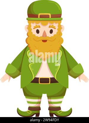 St. Patricks Day Leprechaun Charakter mit rotem Bart in grünem Hut und Kostüm oder Anzug Stock Vektor