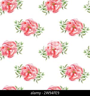 Aquarellpinke Pfingstrosen, nahtloses Muster. Handgezeichneter floraler Hintergrund für Textil, Scrapbooking, Papierdesign. Blassrosa Blumen im Garten Stockfoto