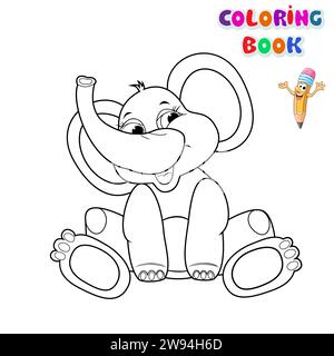 Ein kleiner Elefant sitzt und lächelt auf weißem Hintergrund. Elefantenbaby zum Ausmalen Buch. Kindliche Illustration zum Färben. Stock Vektor
