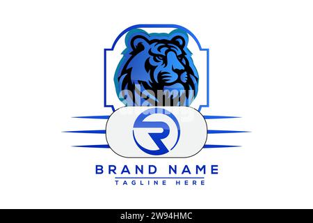 Blaues Design mit R Tiger-Logo. Vektor-Logo für Unternehmen. Stock Vektor