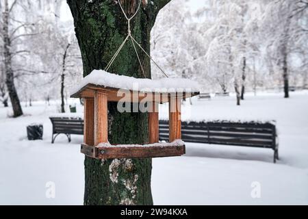 Holzvogelfutter hängt an einem Baum im Winterpark Stockfoto