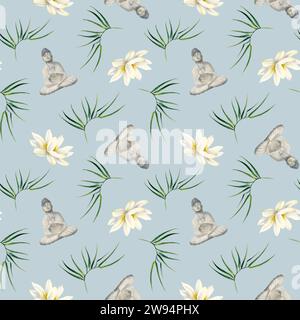 Weiße Lotusblüten mit Bambuszweigen und nahtlosem Buddha-Aquarellmuster auf pastellblauem Hintergrund Stockfoto