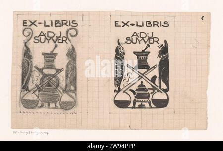 Entwürfe für ein Ex libris von A.D.J. Suyver, Reinier Willem Petrus de Vries (1874-1953), 1884–1952 Entwürfe mit Eulen und Katzen sowie Objekte, die sich auf das Apothekensystem beziehen, wie z. B. einen Apothekerfleck und Sterilisation. Papier. Tinte für Indien (Tinte). Bleistift-/Bürstenbehälter aus Keramik: Glas, Kanne, Topf, Vase. Glasbehälter: Flasche, Glas, Vase. Kat. Eulen Stockfoto
