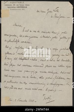 Brief an Jan Veth, Equitable, Frank van der Goes, 1888 Brief Amsterdam Paper. Tinte schreiben (verarbeitet)/Stift/Geld drucken. Historische Personen (Porträts und Szenen aus dem Leben) München Stockfoto