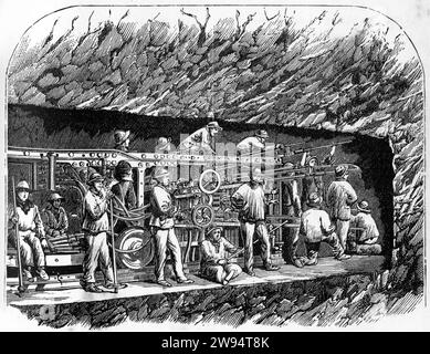 Gravur einer Bohrmaschine im Cenis-Tunnel, der Italien und Frankreich verbindet, aus der unterirdischen Welt, um 1878 Stockfoto